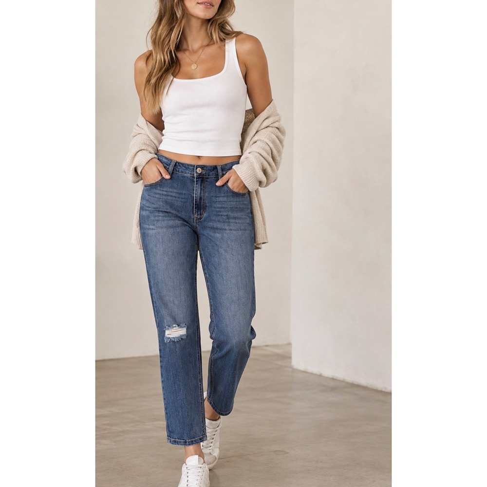 Kancan Sz 18 Cropped High Rise Distressed Dark Wash Jean Casual Streetwear Denim